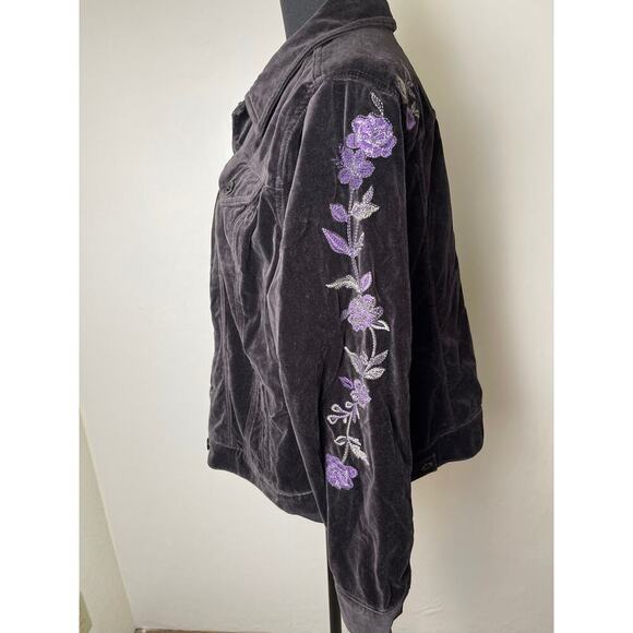 Style&Co Women's Velvet Embroidered Floral On Sleeves 100% Cotton Jacket Gray L - Picture 3 of 10